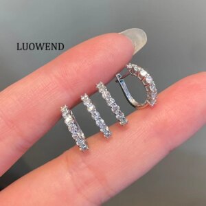 LUOWEND 100% 18K White Gold Earrings Women 0.64carat Real Natural Diamond Hoop Earrings Elegant Design High Wedding Jewelry