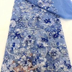 Luxury 3D Lace Fabric 5 Yards Dubai Hand Beaded Tulle Lace Fabric Embroidered Applique African Nigerian Fabric For Sewing
