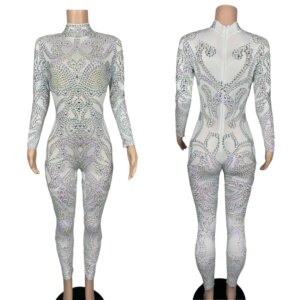 High-quality Luxury Crystals Elastic White Jumpsuit Jumpsuit Birthday Party Outfit Club Sexy Tight Fitting Jumpsuit Gaoduanquan