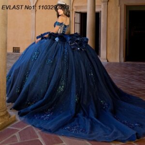 EVLAST Customized Shiny Navy Blue Ball Gown Quinceanera Dress 2025 Lace Applique Bow Corset Sweet 16 Vestidos De 15 Anos E1Q568