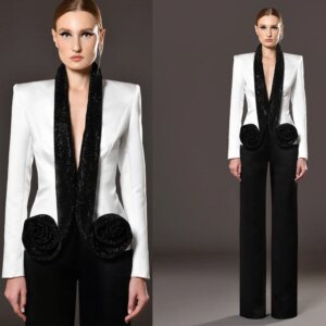Unique Women Pants Suits 2 Pieces Hand Made Flowers Ladies Wear Blazer Prom Birthday Party Customized Blazer Jacket