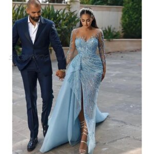 Sky Beaded 2025 Blue Prom Dresses Scoop Neck Long Sleeves Sequins Sweep Train Side Slit Custom Made Ruched Evening Party Gowns