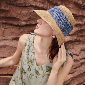 Elegant and fashionable natural grass high-end luxury three-dimensional pleated printed webbed hat