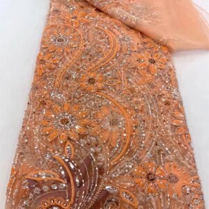 Peach African Sequins Lace Fabric 5 Yards High Quality French Nigerian Groom Beaded Lace Fabric For Sewing Dress Wedding A987-1