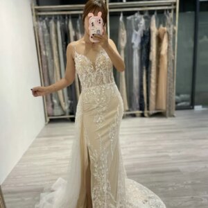 MYMB Exclusive White Spaghetti Straps Lace Appliques Bridal Wedding Dresses Luxury Beaded Mermaid Slit Evening Party Gown GJE005