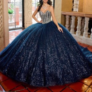Navy Blue Shiny Quinceanera Dresses Off The Shoulder Ball Gown Sequin Applique Lace Beads Tull Birthday Party Sweet 16 Vestidos
