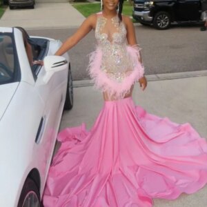 Pink Luxury Mermaid Prom Party Dresses for Women Sparkly Diamond Crystal Feather Black Girl Evening Pageant Birthday Customised
