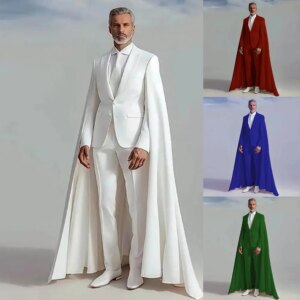 Man Fashion Groom Wedding Suits Long Customized Single Breasted Jacket With Cape Men Tuxedo Formal Party traje de hombre elegant