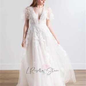 LRosella High Quality Deep V-neck Lace Applique Tulle 2025 for Glitter Bridal Gown Customized Detachable Sleeves Wedding Dresses