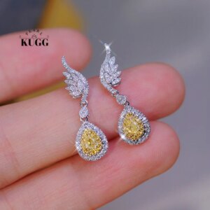 KUGG 100% 18K White Gold Earrings Real Natural Yellow Diamond Stud Earrings for Women Luck Angel Wings Shape Wedding Jewelry