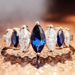 Provence 18K/14K/10K Solid Gold Marquise Cut Lab Grown Royal Blue With DEF VVS Moissanite Stackable Ring For Party Anniversary