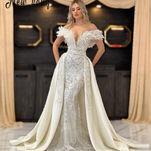 Customized Elegant Detachable Train Wedding Dress Off Shoulder Mermaid Beaded Dubai Bridal Dresses свадебное платье Formal Dress