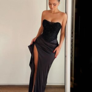 DMDRS Black Sexy Corset Evening Dress Formal Events Shiny Cocktail Gown Customized Stunning Satin Celebrity Party Zipper Back