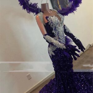 Luxury Purple Mermaid Prom Dresses 2024 For Black Girls Bottom Beading Elegant Crystal O Neck Evening Party Gowns Birthday Dress