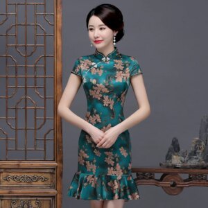 Spring and Summer New High Quality Real Silk Printed Fishtail Improved plus Size Cheongsam Qipao Women’s Dress