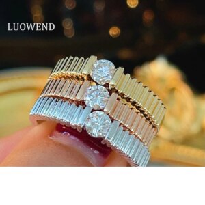 LUOWEND 100% 18K White/Yellow/Rose Gold Rings Fashion INS Style Real Natural Diamond Engagement Ring for Women Party Jewelry
