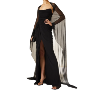 Black Strapless Prom Dress with Cape Shawl High Slit Evening Gowns Pleated Mermaid Robes De Bal Vestidos Arab New 2024