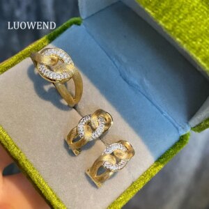 LUOWEND 100% 18K Yellow Gold Earrings Fashion Chain Shape Real Natural Diamond Earrings&Ring for Women High Party Jewelry Set