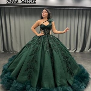 Wonderful Dark Green Ruched Train Quinceanera Dresses One Shoulder Beads Princess Ball Gown Bow Wedding Party Dress Customized