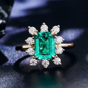 Provence 18K/14K/10K Solid Gold Emerald Cut Lab Grown Colombian With DEF VVS Round Moissanites Flower Shape Ring For Woman Party