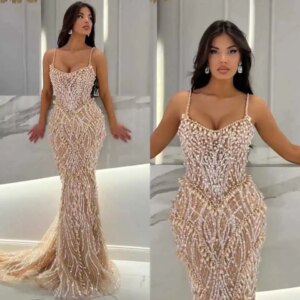 Champagne Pearl Beaded Mermaid Gown with Spaghetti Straps Sexy Fitted Formal Dress Fully Embellished Luxury Custom Evening Dress