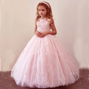 Jill Wish Luxury Dubai Blush Flower Girl Dress Pearls Princess Kids Wedding Birthday Party Evening Gown Communion 2025 J200
