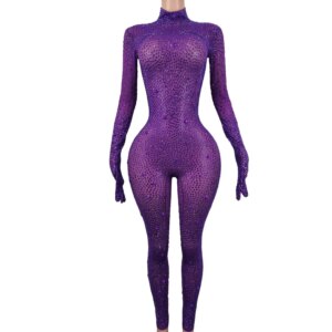 Shiny Purple Crystal Jumpsuit for Lady Sexy Big Size Rhinestone Leotard Party Dance Stage Costume Women Bodycon Diamond Bodysuit