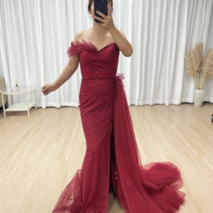 MYMB tunning Red Sequin Strapless High Slit Evening Gown with Floral Accent for Women Prom Evening Dress Customized MB40375