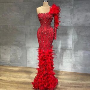 Luxury Feathers Evening Dresses Fashion One-Shoulder Sequined Mermaid Prom Gowns Beads Elegant Floor Length Party Dresses