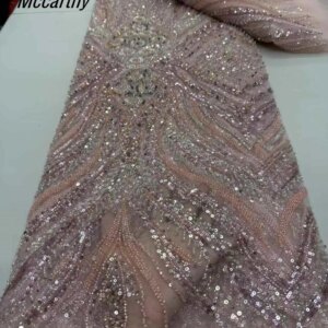 African Heavy Beaded Lace Fabric 2025 High Quality Nigerian Sequin Pearl Lace French Tulle Fabric For Wedding Party Dress Sewing