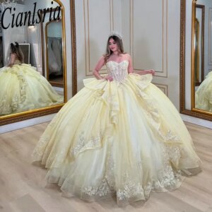 Yellow Sweetheart Sleeveless Quinceanera Dresses Ball Gown Illusion Appliques Lace Ruffles Sweet 15 Años Mexican Customized