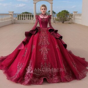 Beading Pearls Customized Lace Princess Novelty Ball Gown Red Wedding Dress Lace Up With Long Sleeve vestidos de novia boda