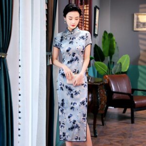 Spring New High Quality Real Silk Printing Long Modified Cheongsam Qipao Women’s Dress