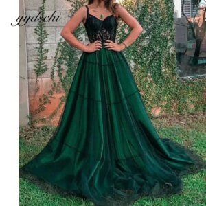 A-Line Prom Dress Sweetheart Tulle Green Lace Applique Sling Princess Dance Floor Length Court Train Dresses for Women 2025