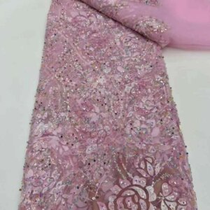 African 3D Flower Lace Fabric 5 Yards 2025 High Quality With Sequins Embroidered French Nigerian Beads Lace Fabric For Wedding