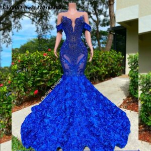 EVLAST Customized Sexy African Royal Blue Floral Mermaid Prom Dress Diamonds Beading Black Girl Evening Dress Party Gown E2P118