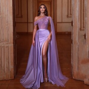 Customized Purple Satin Mermaid Prom Dresses Sexy One Shoulder With Cape Shiny Sequins Appliques Formal Party Evening Gowns