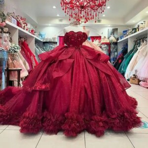 Customized Red Burgundy Off The Shoulder Ruffles Bow Quinceanera Dresses Ball Gown Appliques Lace Sweet 15 Años