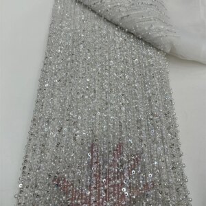 Luxury Heavy Handmade Beaded Sequins Pearls Embroidered African French Tulle Wedding Bridal Lace Fabric for Party Dress