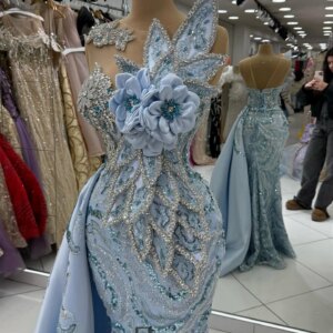 Dubai Arabic Sky Blue Evening Dress Mermaid 3D Lace Crystal Beaded Wedding Party Dresses Robe de Soiree Femmes Customized