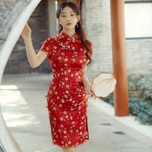 Summer New High Quality Real Silk Improved Printed Cheongsam Qipao Women’s Dress plus Size