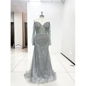 Luxury Gray Evening Dresses for Women Fashion Beads Sequined Prom Gowns Elegant Off the Shoulder Sweep Train Party Dresses