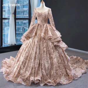 Modern Long One-Piece Dress Gown Organza Ball Gown O-Neck Evening Dresses Sequined RSM67017 Vestidos Para Festa De Casamento