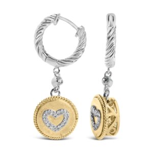 18K Yellow Gold Plated.925 Sterling Silver 1 8 Cttw Diamond Heart Medallion Drop and Dangle Earring IJ Color SI1SI2 Clarity