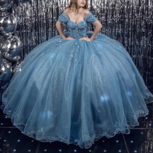Blue Shiny Quinceanera Dresses Off Shoulder Ball Gown Sweet 16 Dress Beading Crystal Flower Tull Birthday Party Vestidos 15 De