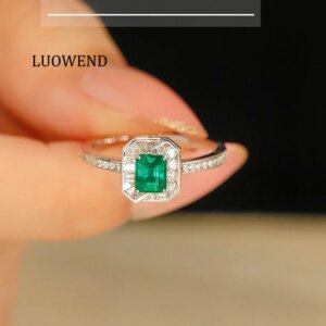 LUOWEND 100% 18K White Gold Rings Luxury Elegant Design Natural Swat Emerald Party Ring for Women High Diamond Jewelry