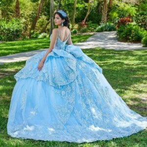 Sky Blue Shiny Quinceanera Dress Lace Applique Beads Tulle Corset Bow Cape Ball Gown Sweet 16 Vestidos De 15 Anos
