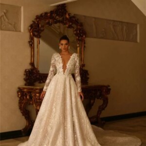 Sexy Long Sleeve Wedding Dresses 2024 Classic Deep V Neck Bridal Gown Elegant Beaded Floor-Length Party Vestidos De Novia
