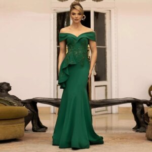 Dark Green Mermaid Mother Of The Bride Dress Off Shoulder Long Satin Women Formal Wedding Party Gown Customized