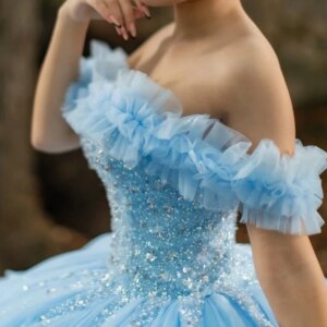 A36437 High Quality Light Blue Quinceanera Dresses Ruffle Sequined Puffy Tulle Prom Birthday Party Occasion Wear 15 16Customized